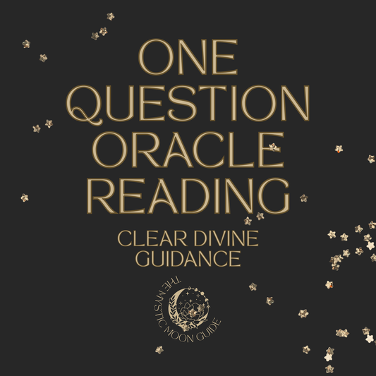 Text 'ONE QUESTION ORACLE READING CLEAR DIVINE GUIDANCE' on a black background with star-like decorations.