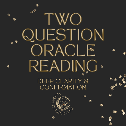 Promotional text for a two-question oracle reading service on a dark background with star-like decorations.